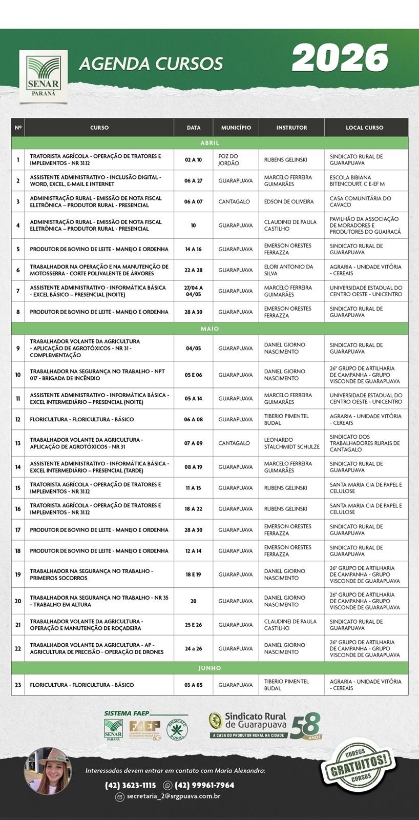 Agenda SENAR Abril/Maio 2026