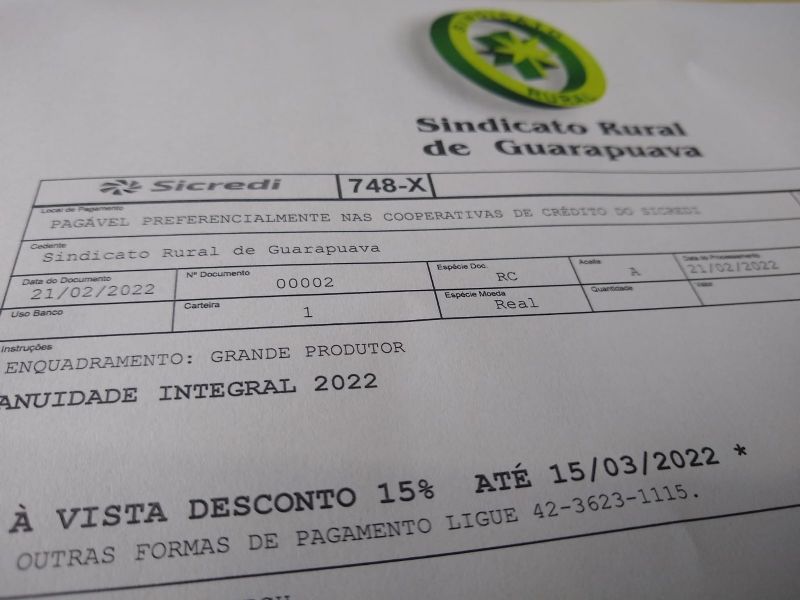 Anuidade 2022 do Sindicato Rural vence no dia 15/03