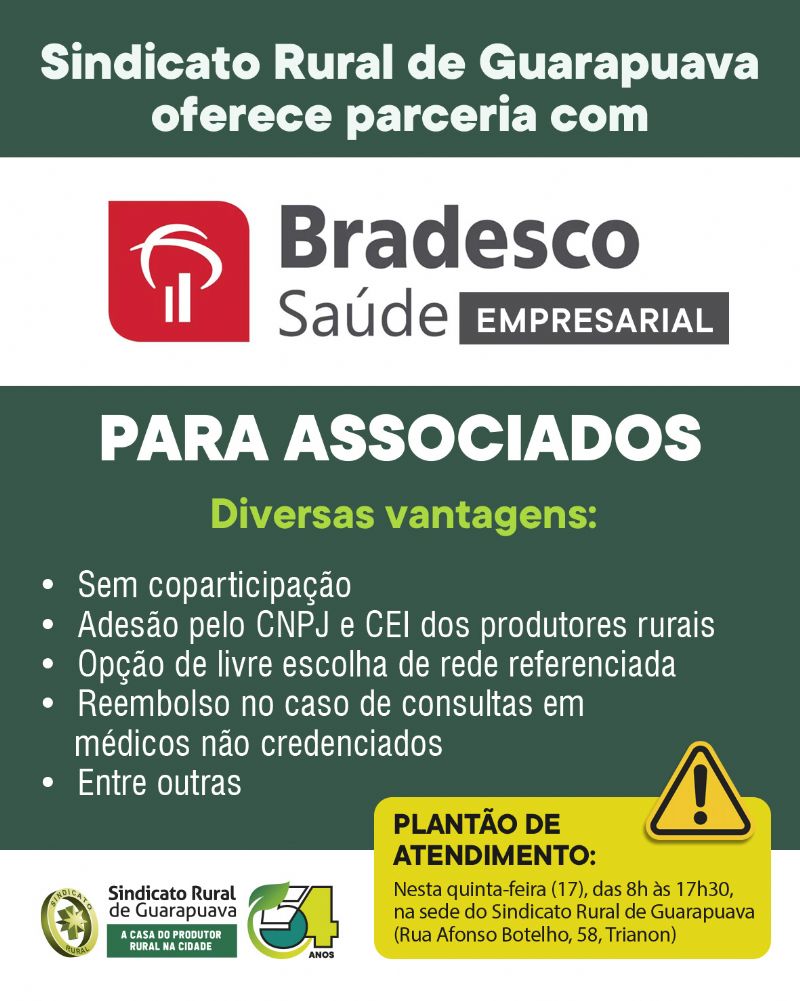 Nesta quinta-feira (17), tem plantão de atendimento sobre o Bradesco Saúde Empresarial para associados ao Sindicato Rural
