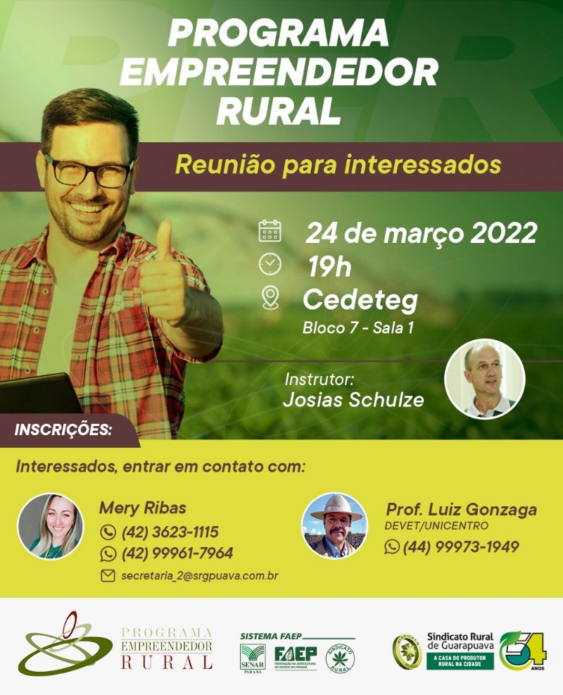 Programa Empreendedor Rural: há vagas para turmas nas sextas-feiras e sábados em Guarapuava