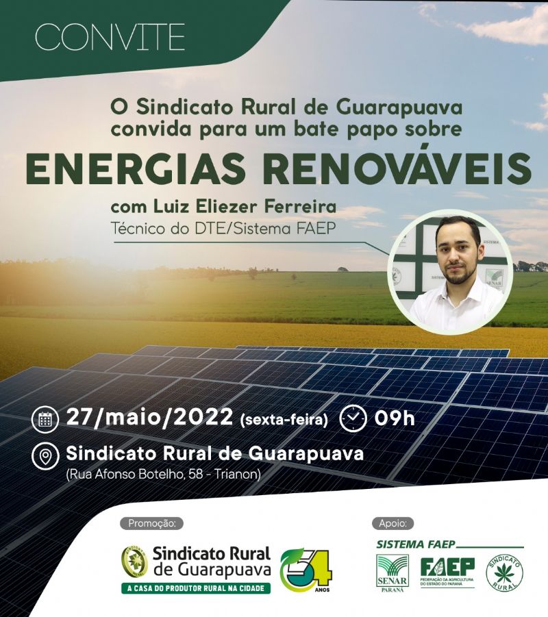 Sindicato Rural promove bate-papo sobre energias renováveis nessa sexta-feira (27)