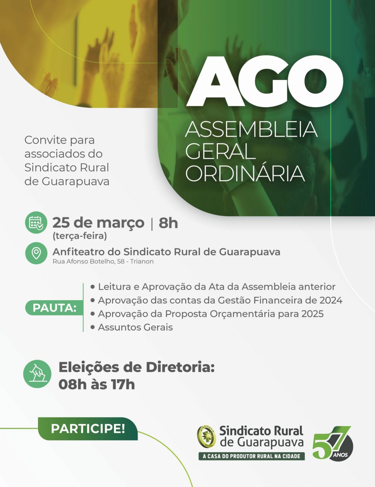 Sindicato Rural de Guarapuava convida associados para Assembleia Geral e Eleição de Diretoria dia 25 de março